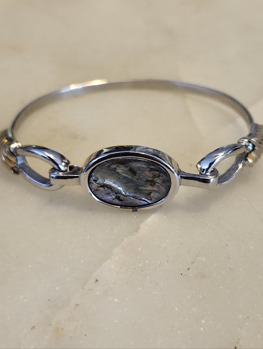 Avon Silver Tone & Gold Accent Abalone Oval Stone Hinged Bangle Bracelet